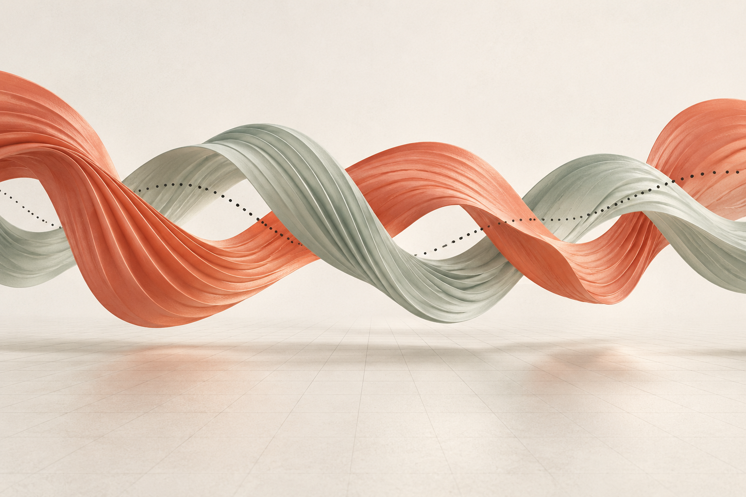 Coral and sage ribbons crossing in a sculptural representation of continuous conversation