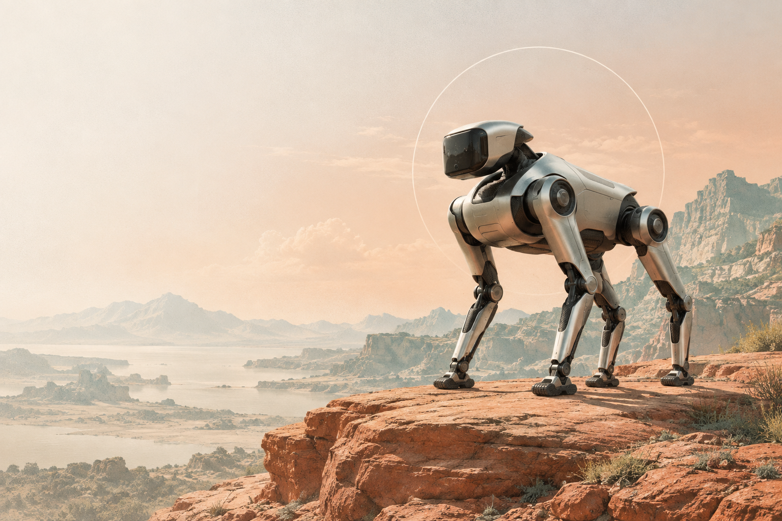 Concept illustration of a quadruped robot on a terracotta plateau